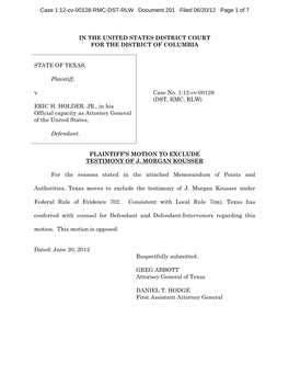 Plaintiff's Motion to Exclude Testimony of J. Morgan Kousser