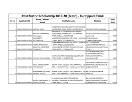 Post Matric Scholarship 2019-20 (Fresh) - Kurinjipadi Taluk Name / Father Disb