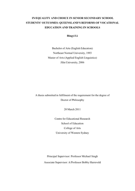 In/Equality and Choice in Senior Secondary School Students’ Outcomes: Queensland’S Reforms of Vocational Education and Training in Schools