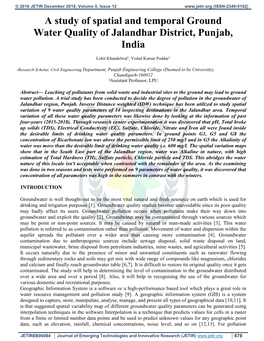 A Study of Spatial and Temporal Ground Water Quality of Jalandhar District, Punjab, India