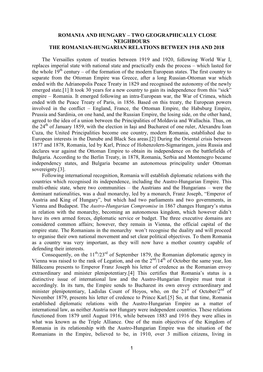 Romania and Hungary – Two Geographically Close Neighbours the Romanian-Hungarian Relations Between 1918 and 2018