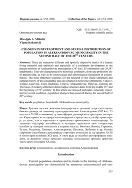 Miroljub A. Milinčić Vlasta Kokotović CHANGES in DEVELOPMENT and SPATIAL DISTRIBUTION of POPULATION in ALEKSANDROVAC MUNICIPA