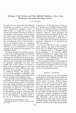 Geology of the Solomon and New Hebrides Islands, As Part of the Melanesian Re-Entrant, Southwest Pacific! P