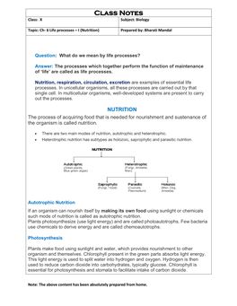 Class Notes Class: X Subject: Biology