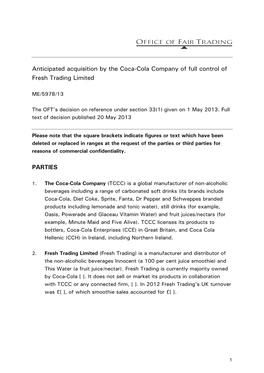 Full Text of the Anticipated Acquisition by the Coca-Cola Company of Full