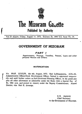 The Mizoram Ga~Ette F Published by Authority Vol