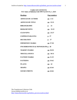 TABLE of CONTENTS TCC Index of Bulletins Fall 1999-Vol.XVI No