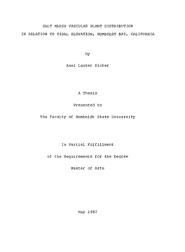 Salt Marsh Vascular Plant Distribution in Relation to Tidal Elevation, Humboldt Bay, California