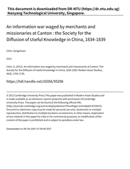 An Information War Waged by Merchants and Missionaries at Canton : the Society for the Diffusion of Useful Knowledge in China, 1834‑1839