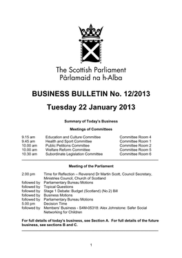 BUSINESS BULLETIN No. 12/2013 Tuesday 22 January 2013