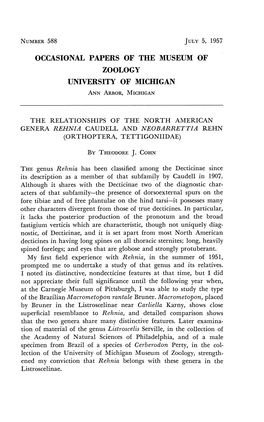 The Relationships of the Norti-I American Genera Rehnia Caudell and Neobarrettza Rehn (Orthoptera, Tettigoniidae)