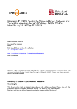 (2019). Naming the Plague in Homer, Sophocles and Thucydides