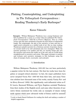 Plotting, Counterplotting, and Underplotting in the Yellowplush Correspondence : Reading Thackeray’S Early Burlesque*