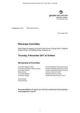 Wairarapa Committee 9 November 2017, Order Paper - Front Page