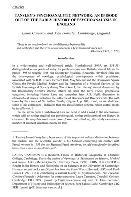 Tansley's Psychoanalytic Network: an Episode out of the Early History of Psychoanalysis in England