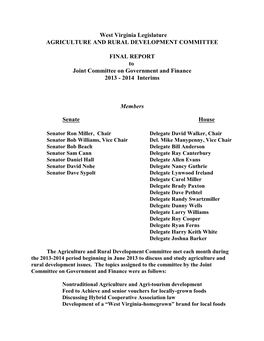 West Virginia Legislature AGRICULTURE and RURAL DEVELOPMENT COMMITTEE