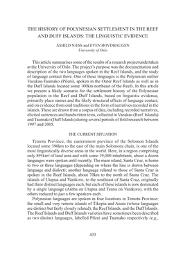 The History of Polynesian Settlement in the Reef and Duff Islands: the Linguistic Evidence