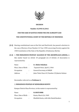 DECISION Number 35/PUU-X/2012 for the SAKE of JUSTICE UNDER the ONE ALMIGHTY GOD the CONSTITUTIONAL COURT of the REPUBLIC OF