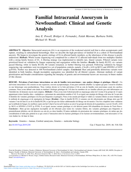 Familial Intracranial Aneurysm in Newfoundland: Clinical and Genetic Analysis