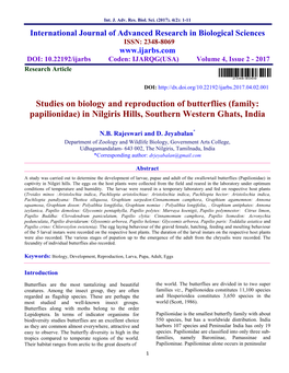 Studies on Biology and Reproduction of Butterflies (Family: Papilionidae) in Nilgiris Hills, Southern Western Ghats, India