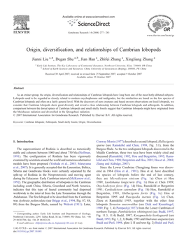 Origin, Diversification, and Relationships of Cambrian Lobopods ⁎ Jianni Liu A, , Degan Shu A,B, Jian Han A, Zhifei Zhang A, Xingliang Zhang A