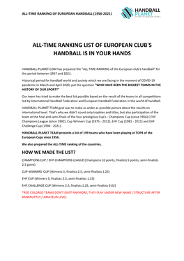 All-Time Ranking List of European Club's Handball Is in Your Hands