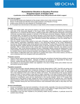 Humanitarian Situation in Equateur Province Snapshot Report, 6 October 2010 a Publication of the Humanitarian Information Group (HIG) Produced with OCHA’S Support