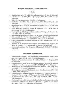 Complete Bibliographic List on Karst Studies: Books