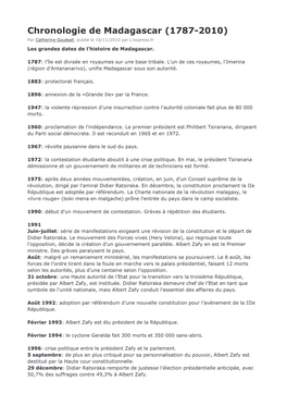 Chronologie De Madagascar (1787-2010) Par Catherine Gouëset, Publié Le 16/11/2010 Par L’Express.Fr Les Grandes Dates De L'histoire De Madagascar