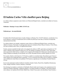 El Balista Carlos Véliz Clasificó Para Beijing