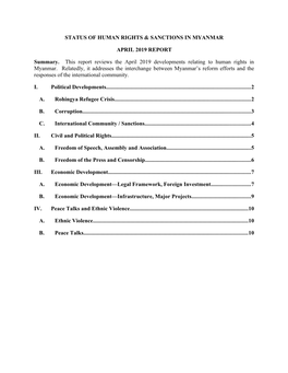 Status of Human Rights & Sanctions in Myanmar April