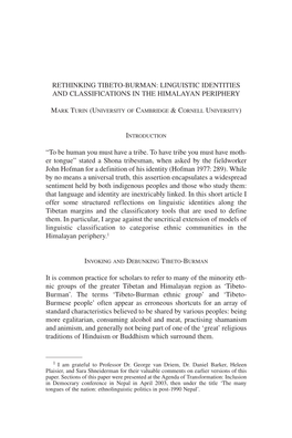 Rethinking Tibeto-Burman: Linguistic Identities and Classifications in the Himalayan Periphery