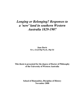 Responses to a 'New' Land in Southern Western Australia 1829-1907
