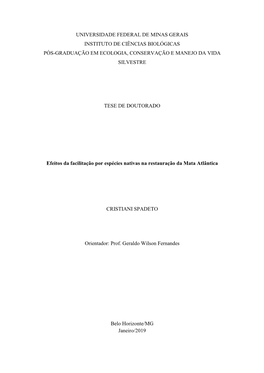 Universidade Federal De Minas Gerais Instituto De Ciências Biológicas Pós-Graduação Em Ecologia, Conservação E Manejo Da Vida Silvestre