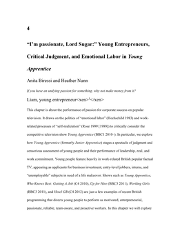 “I'm Passionate, Lord Sugar:” Young Entrepreneurs, Critical Judgment, and Emotional Labor in Young Apprentice