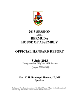 2013 Session Bermuda House of Assembly Official