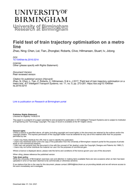 University of Birmingham Field Test of Train Trajectory Optimisation on A