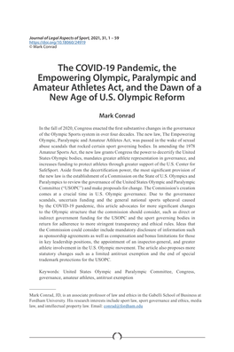 The COVID-19 Pandemic, the Empowering Olympic, Paralympic and Amateur Athletes Act, and the Dawn of a New Age of U.S