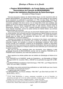 BEAUHARNAIS » Du Fonds Debien Aux AD33 Descendance De François De BEAUHARNAIS Origine Des Habitations Beauharnais De Saint-Domingue Bernadette Et Philippe Rossignol