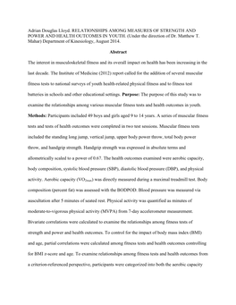 Adrian Douglas Lloyd. RELATIONSHIPS AMONG MEASURES of STRENGTH and POWER and HEALTH OUTCOMES in YOUTH. (Under the Direction of Dr