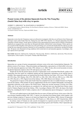 Peanut Worms of the Phylum Sipuncula from the Nha Trang Bay (South China Sea) with a Key to Species