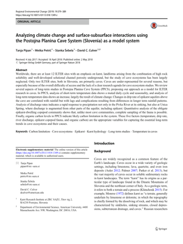 Analyzing Climate Change and Surface-Subsurface Interactions Using the Postojna Planina Cave System (Slovenia) As a Model System