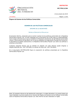 RESTRICTED WT/TPR/S/394 14 De Octubre De 2019 (19-6592) Página: 1/193 Órgano De Examen De Las Políticas Comerciales EXAMEN DE