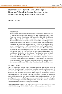 The Challenge of Librarians' Own Intellectual Freedom to the American Library Association, 1946–2