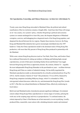 1 Post-Handover Hong Kong Cinema on Coproduction, Censorship, And