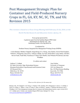 Container and Field-Produced Nursery Crops in FL, GA, KY, NC, SC, TN, and VA: Revision 2015