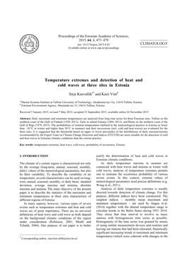 Temperature Extremes and Detection of Heat and Cold Waves at Three Sites in Estonia