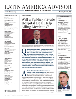 LATIN AMERICA ADVISOR a DAILY PUBLICATION of the DIALOGUE Tuesday, April 28, 2020