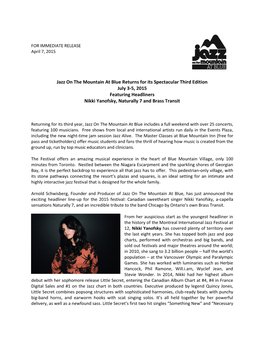 Jazz on the Mountain at Blue Returns for Its Spectacular Third Edition July 3-5, 2015 Featuring Headliners Nikki Yanofsky, Naturally 7 and Brass Transit