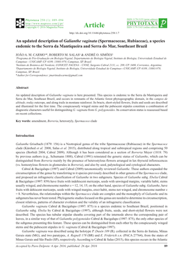 An Updated Description of Galianthe Vaginata (Spermacoceae, Rubiaceae), a Species Endemic to the Serra Da Mantiqueira and Serra Do Mar, Southeast Brazil